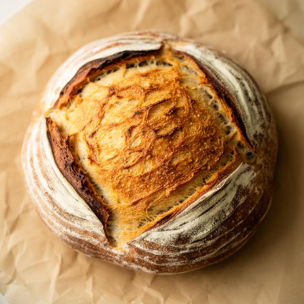 Frisch gebackenes Sauerteigbrot mit goldener Kruste
